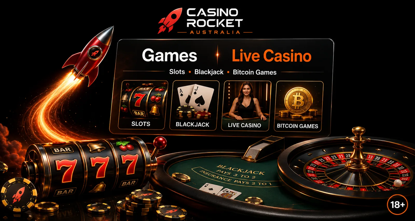 Casino Rocket live dealer games — slots, blackjack, live casino and Bitcoin gambling for AU players