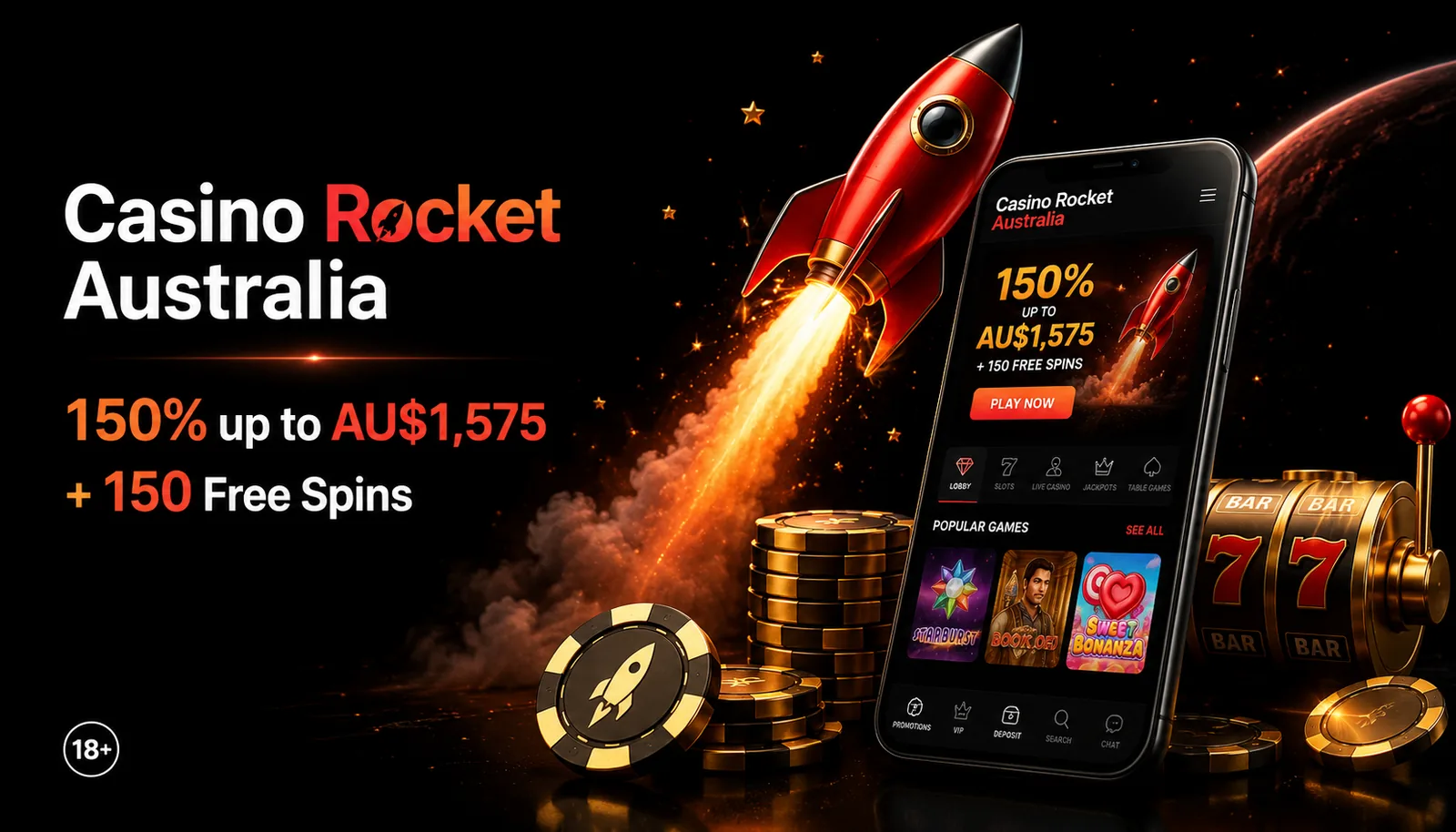 Casino Rocket Australia welcome bonus 150% up to A$1,575 plus 150 free spins on mobile lobby
