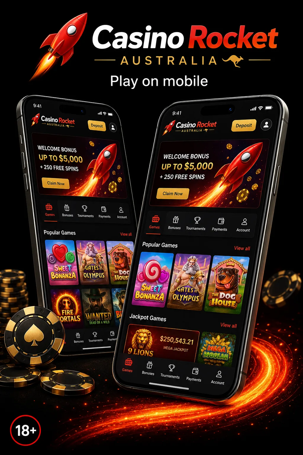Casino Rocket Australia mobile app preview — Android APK and iOS progressive web app on iPhone