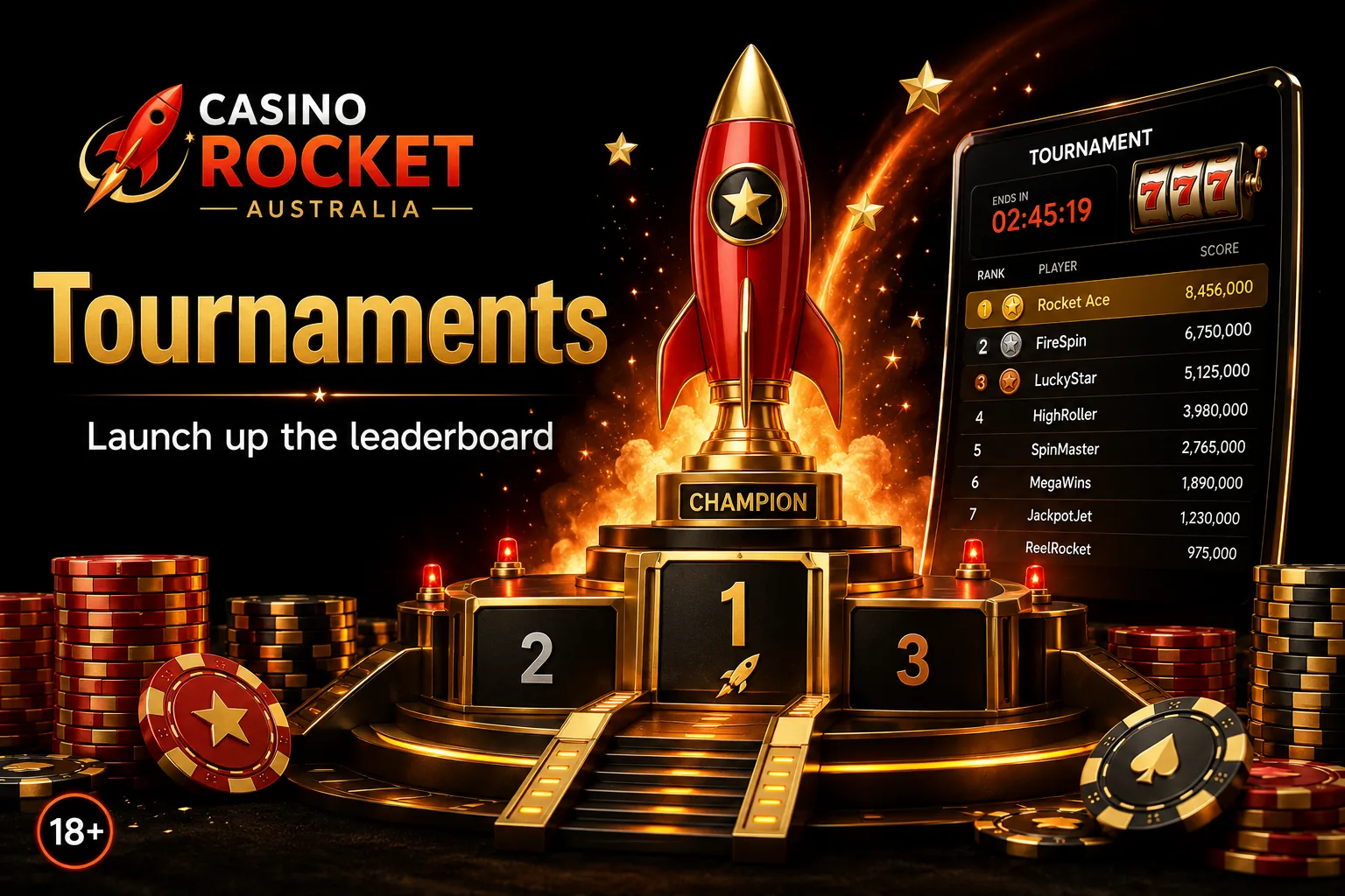 Casino Rocket Australia tournaments podium — launch up the leaderboard for real money prizes